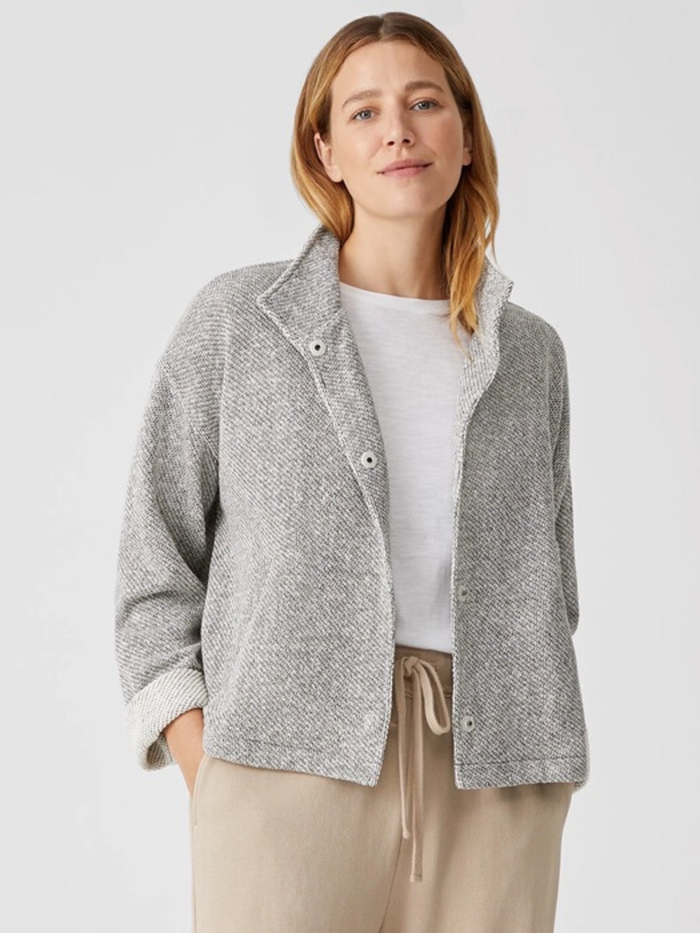 Eileen Fisher Organic Cotton Terry Textured Stand Collar Jacket Boxy Oversized